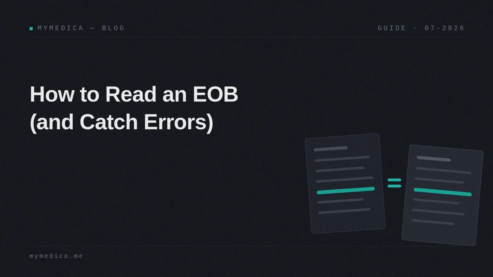 A dark branded cover card titled "How to Read an EOB (and Catch Errors)" with two statements compared line by line