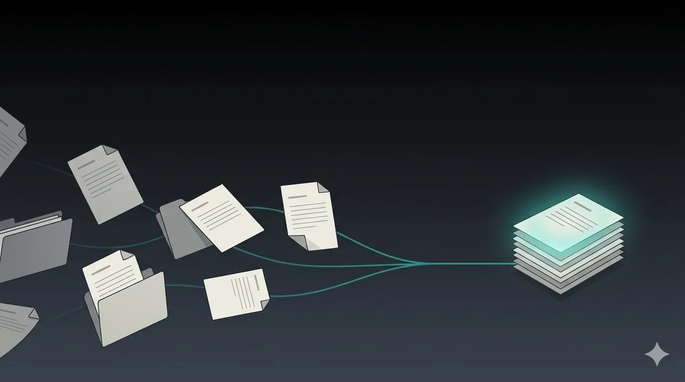 Scattered paper documents and folders flowing along lines into a single glowing, neatly stacked pile of records