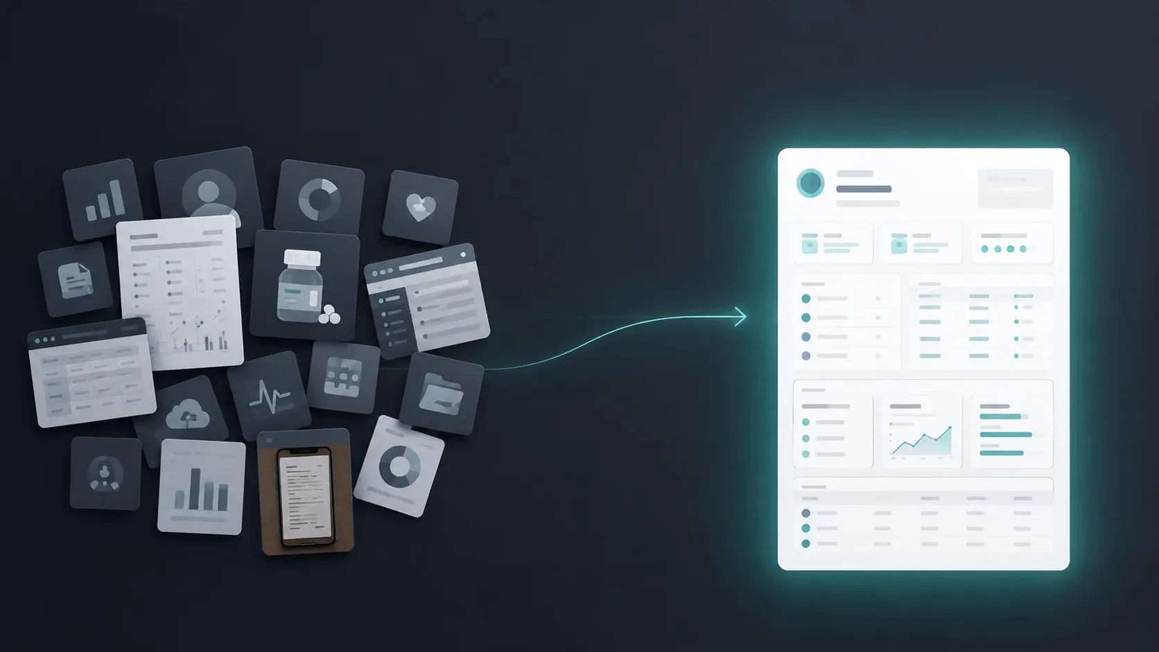 Scattered medical record apps and documents converging into a single organized one-page summary
