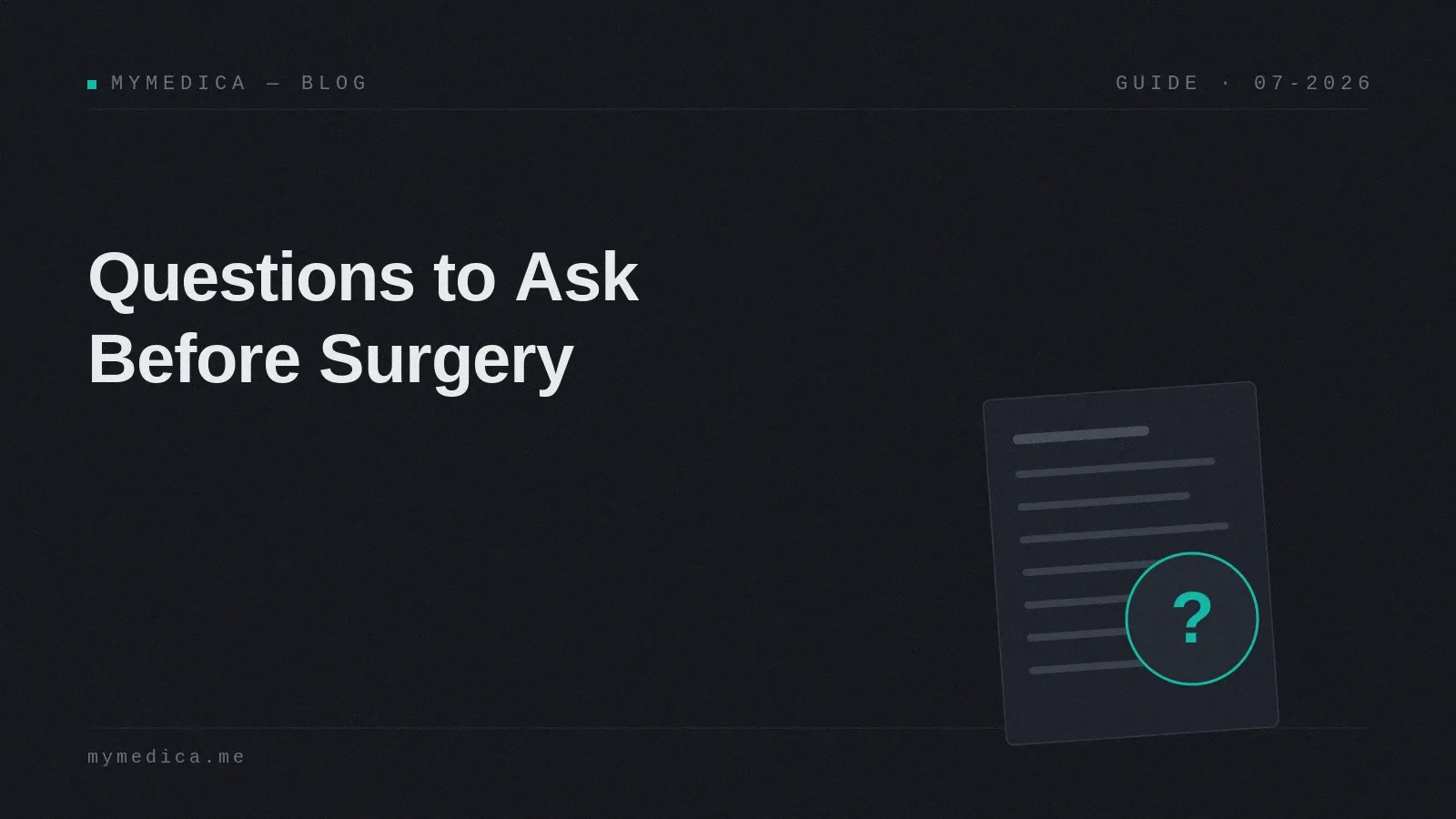 A dark branded cover card titled "Questions to Ask Before Surgery" with a consent form and a question mark