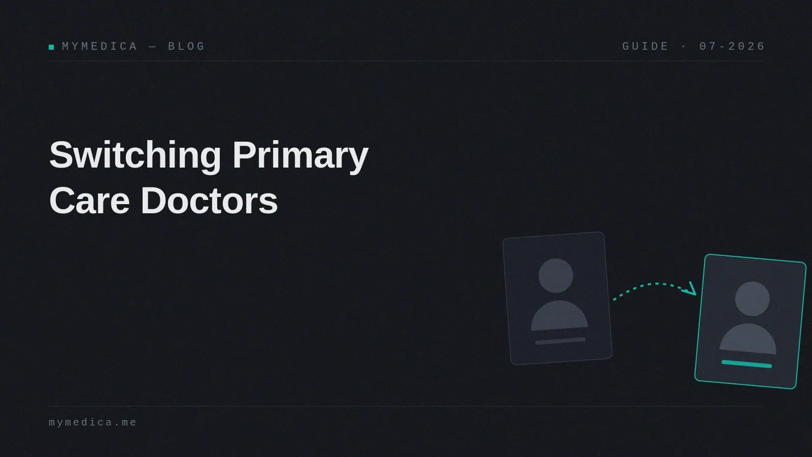 A dark branded cover card titled "Switching Primary Care Doctors" with an arrow carrying a patient card from one doctor to another