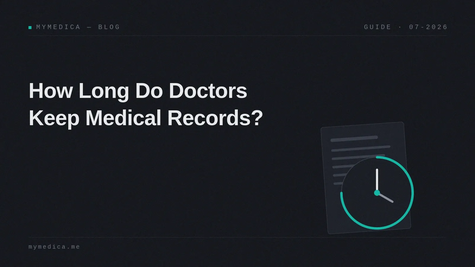 A dark branded cover card titled "How Long Do Doctors Keep Medical Records?" with a document behind a clock counting down