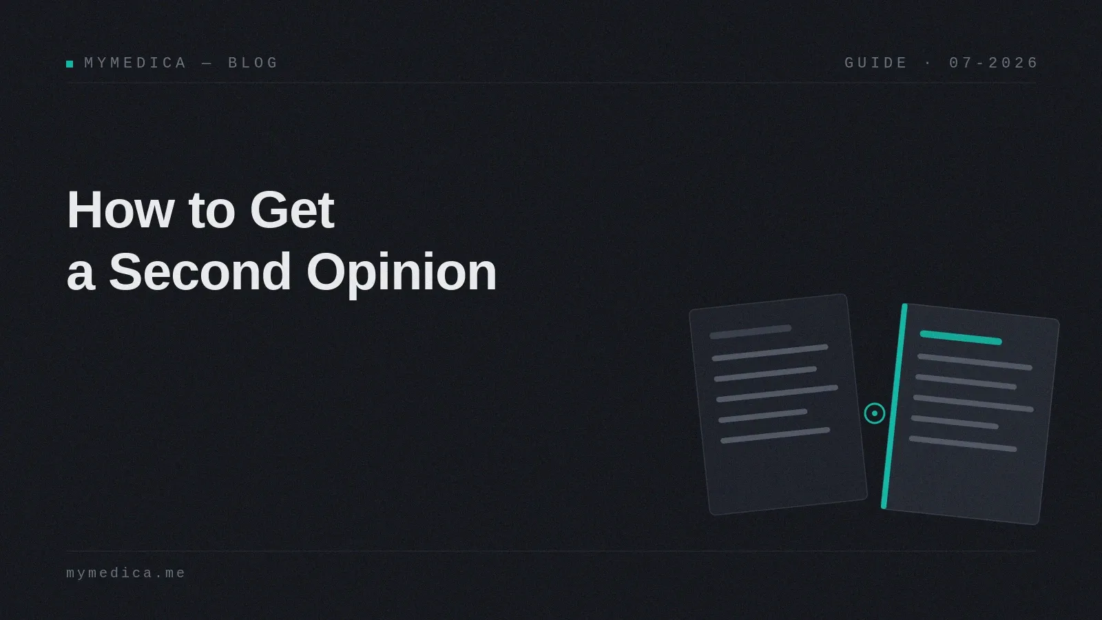 A dark branded cover card titled "How to Get a Second Opinion" with two medical documents side by side, the second one highlighted