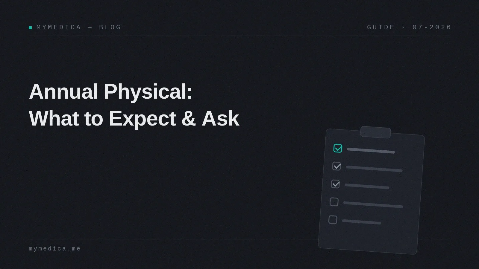 A dark branded cover card titled "Annual Physical: What to Expect & Ask" with a clipboard checklist, the top item ticked